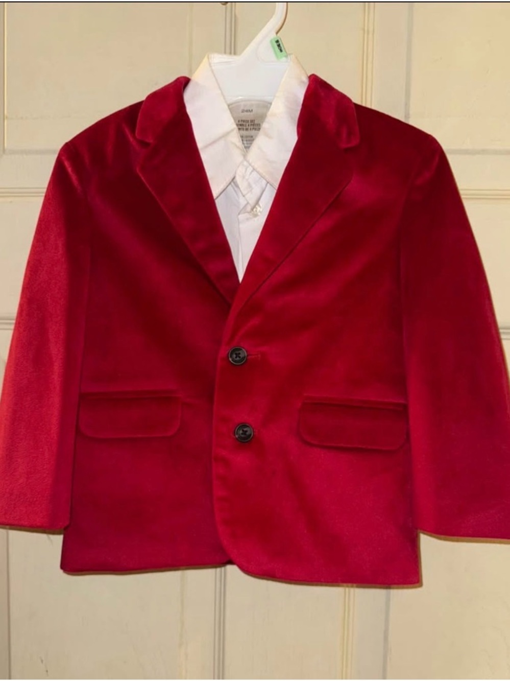 3 pieces Boys Red Velvet Blazer with a white dress shirt and gray dress pants